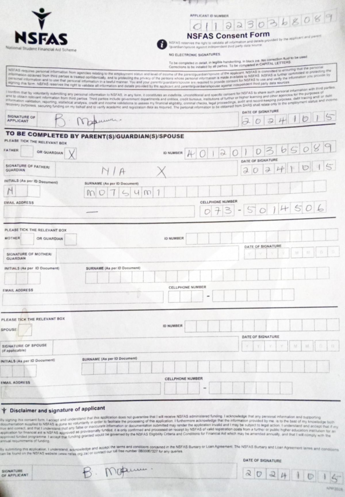 NSFAS Consent Form APPLICANT ID 0112230368089 Studocu