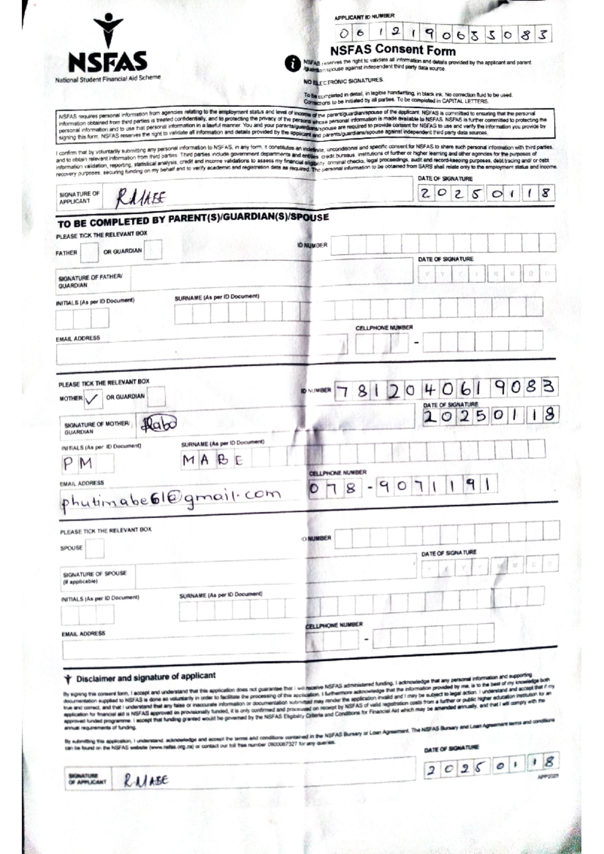 NSFAS Consent Form Applicant ID 0612190633083 Details And 