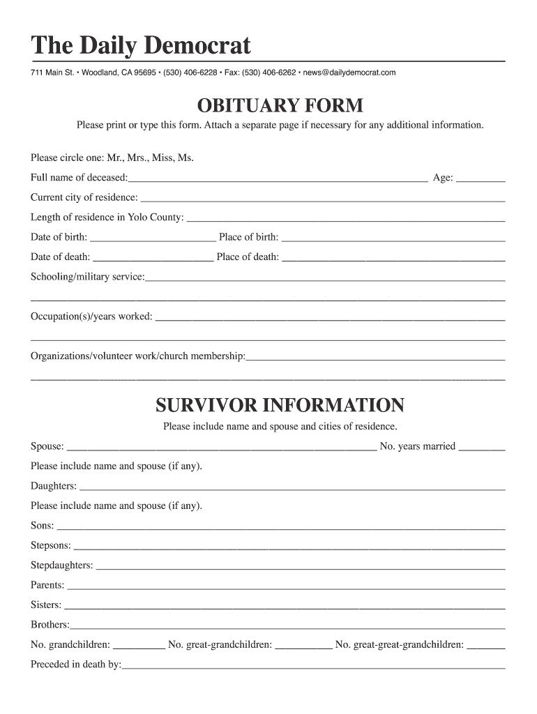 Blank Obituary Form Printable