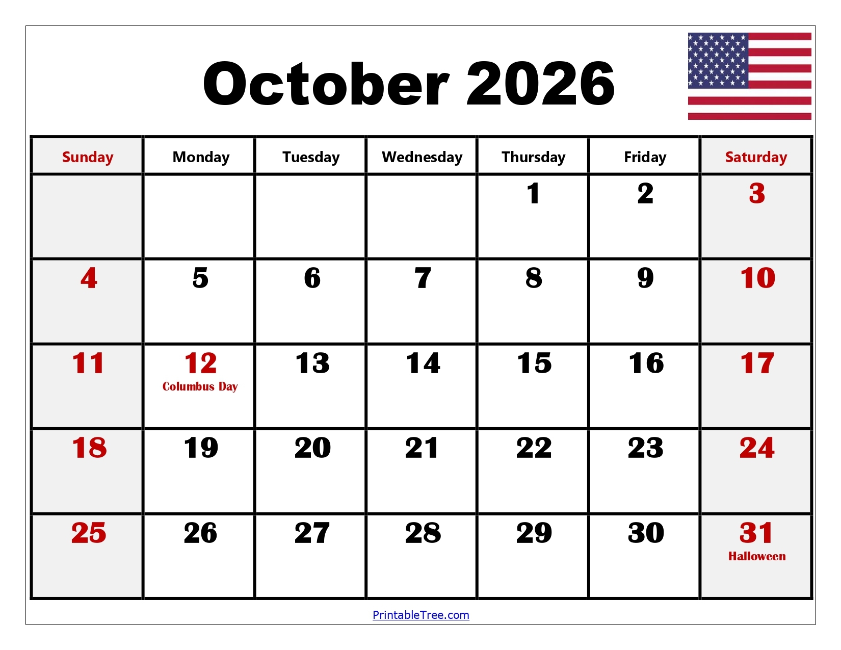 Calendar October 2026 Blank Printable