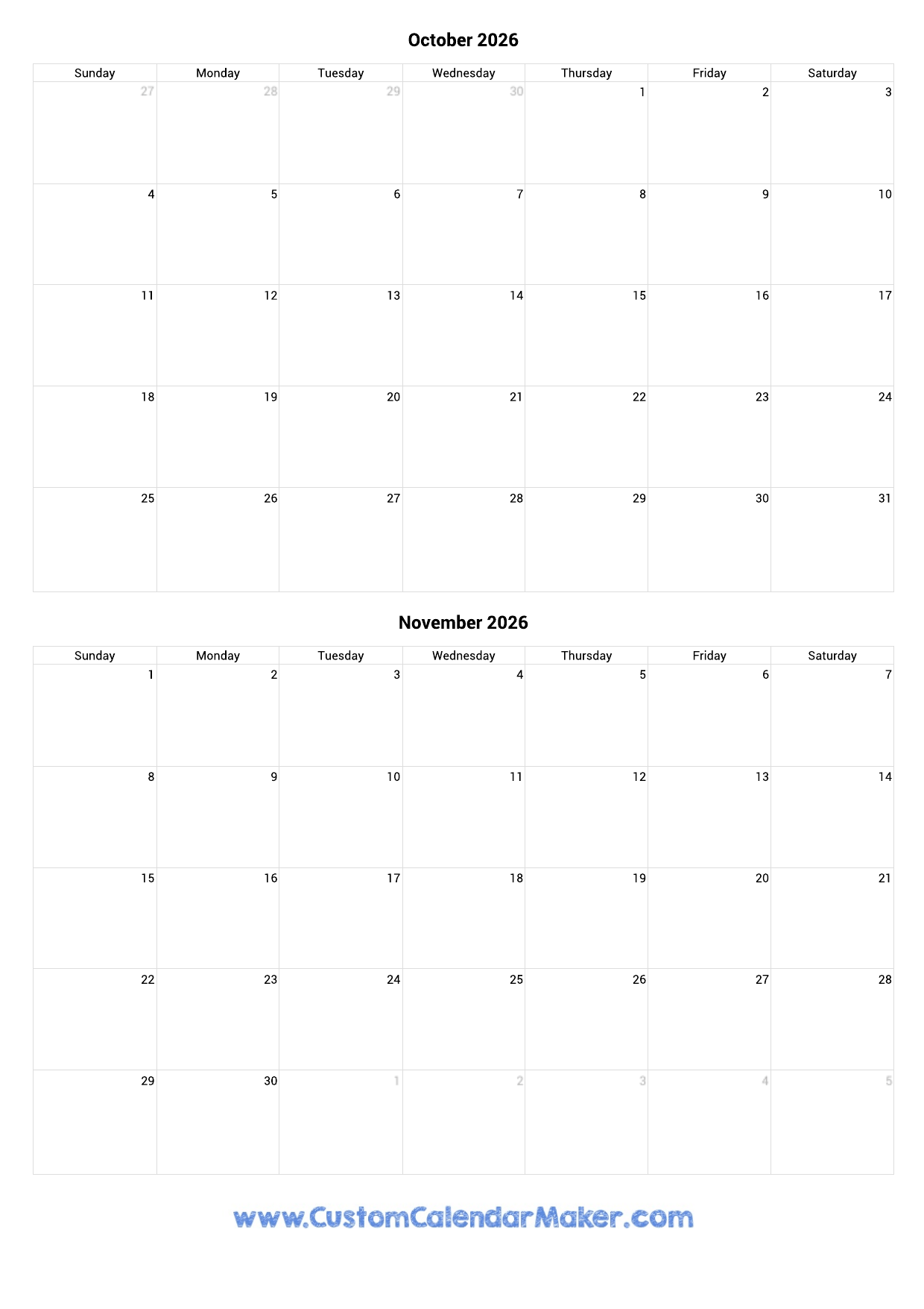 Blank Calendar 2026 October Printable