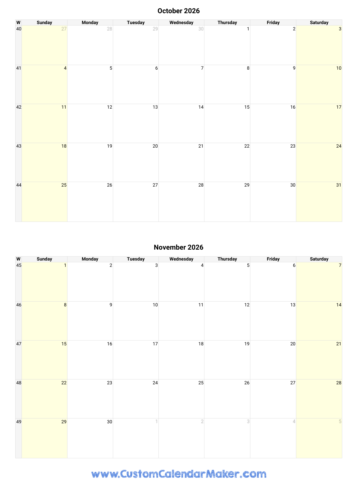 October And November 2026 Calendar Custom Calendar Maker