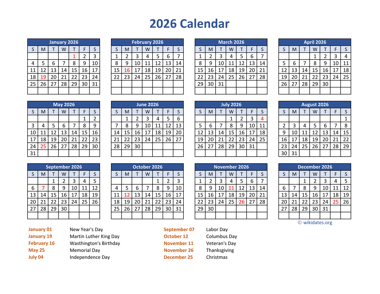 2026 Printable Calendar With Holidays