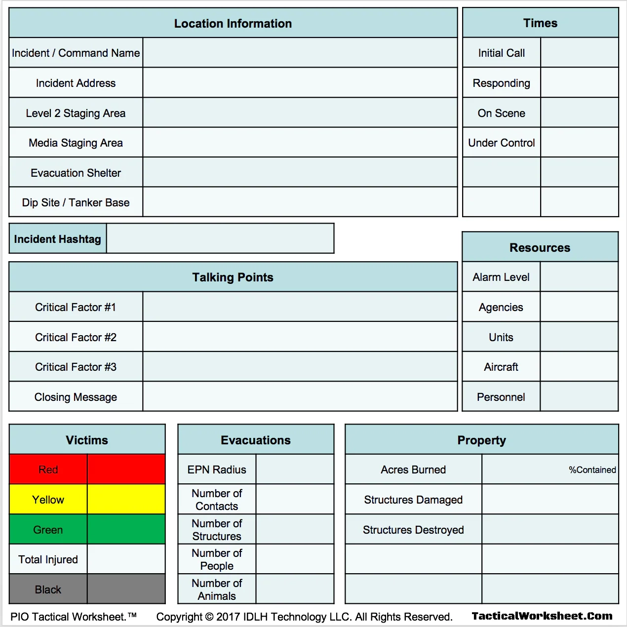 PIO Command Board Standard Edition IDLH Tactical Worksheet