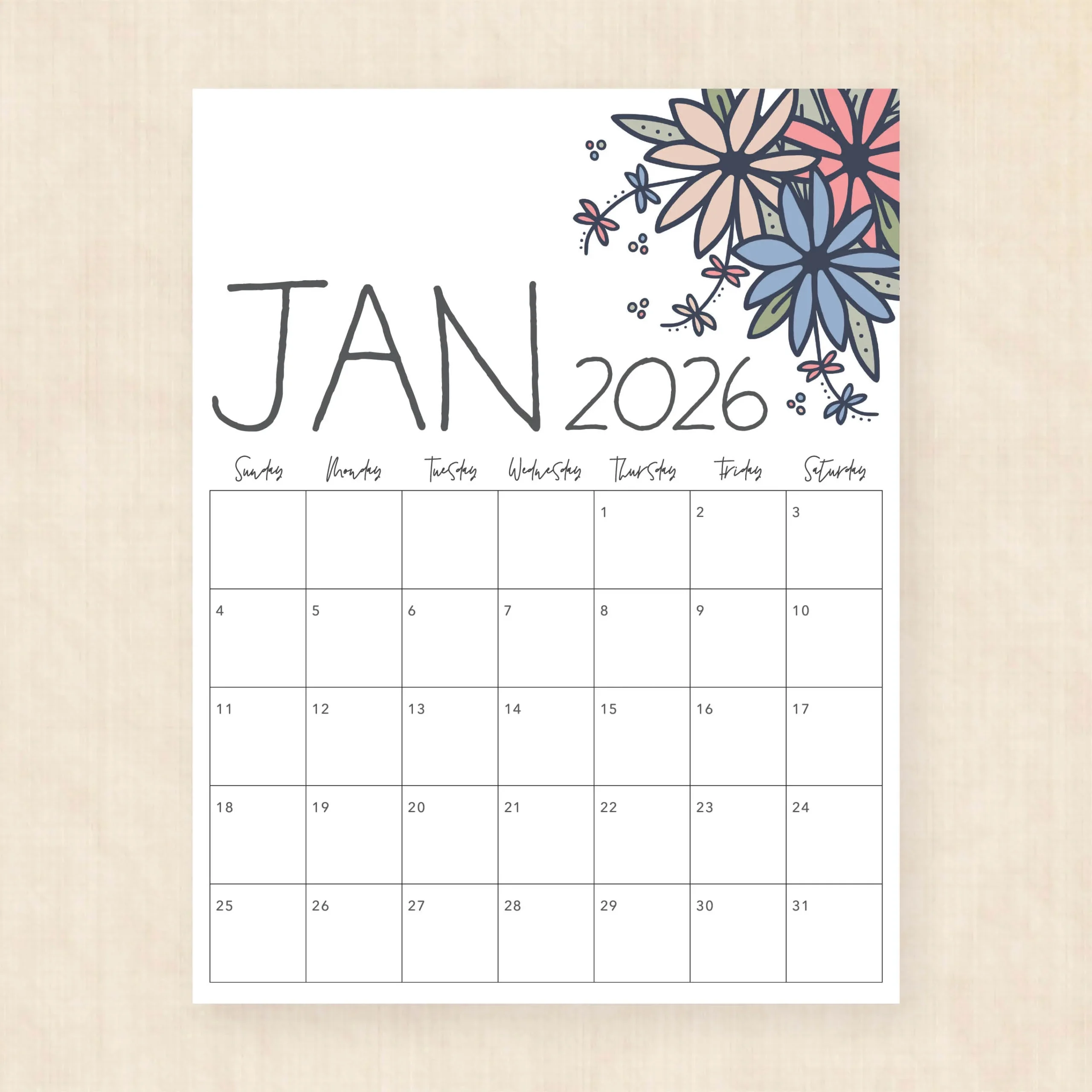 Blank Calendar 2026 Printable Cute