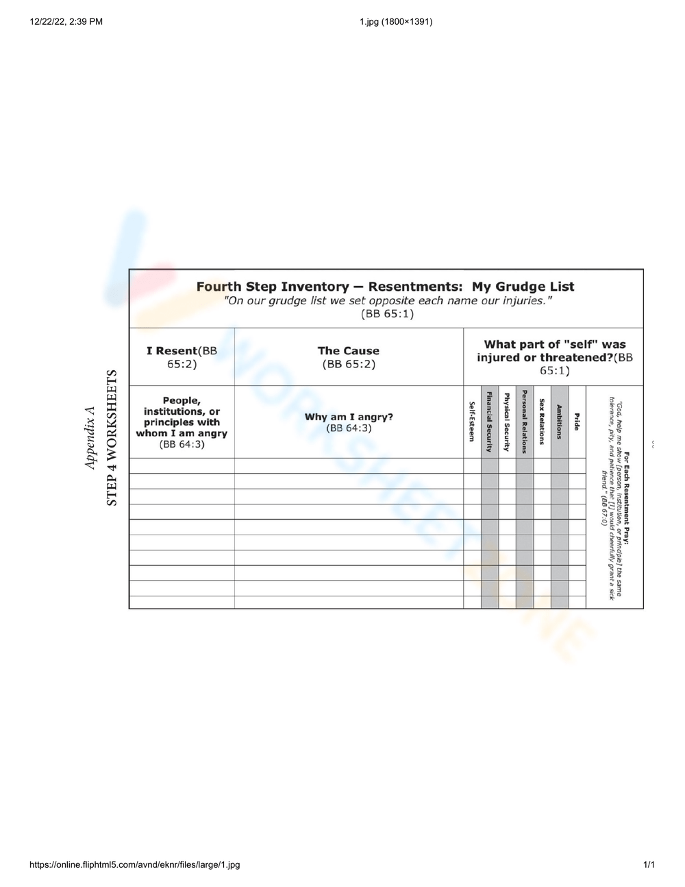 Printable Aa 4th Step Worksheets
