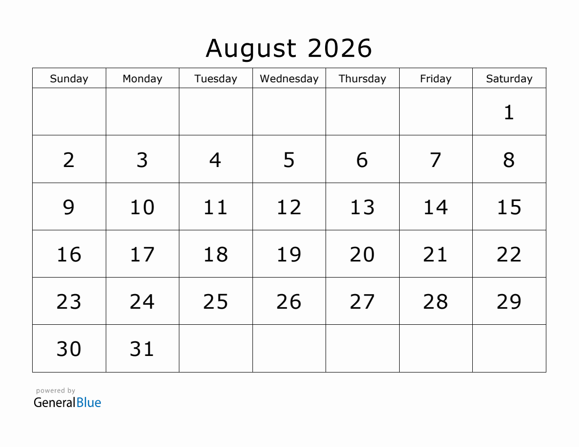 Blank August 2026 Calendar Printable Free