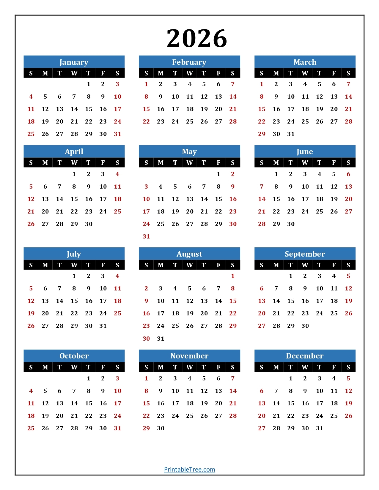 2026 Calendar Template Printable