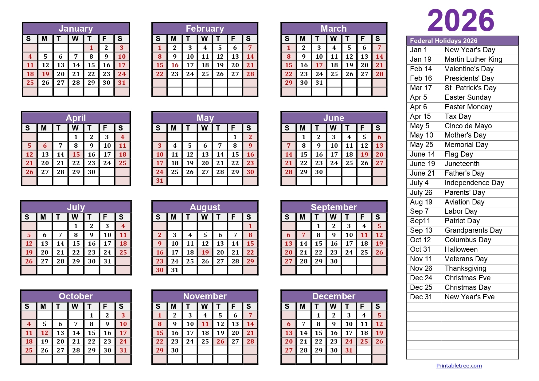 Printable Calendar 2026 One Page With Holidays Single Page 2026 