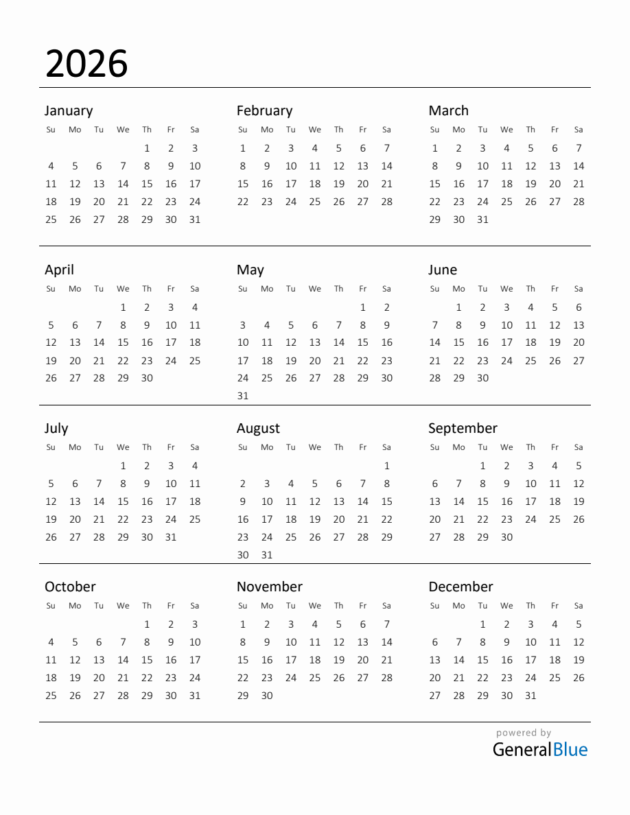 Blank 2026 Calendar Printable Free All Months