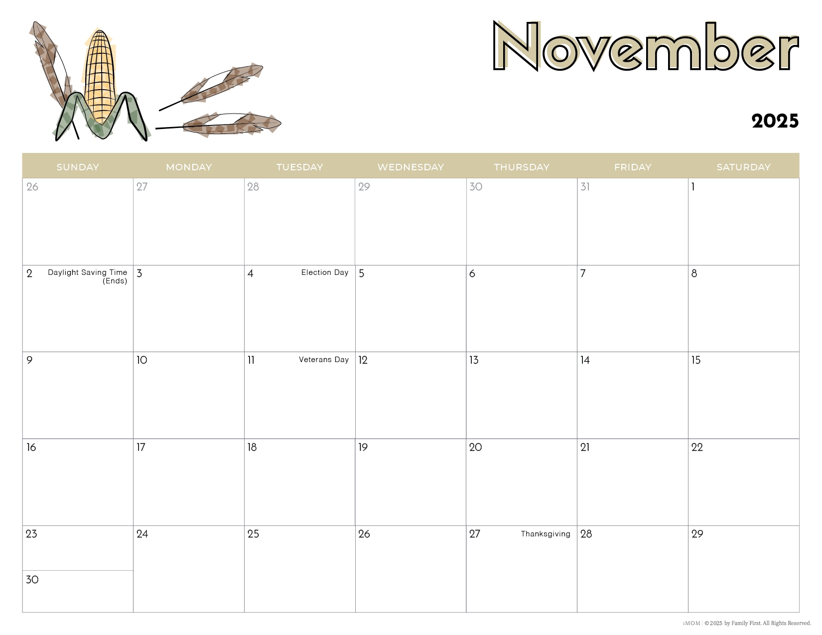November Calendar Printable For Kids