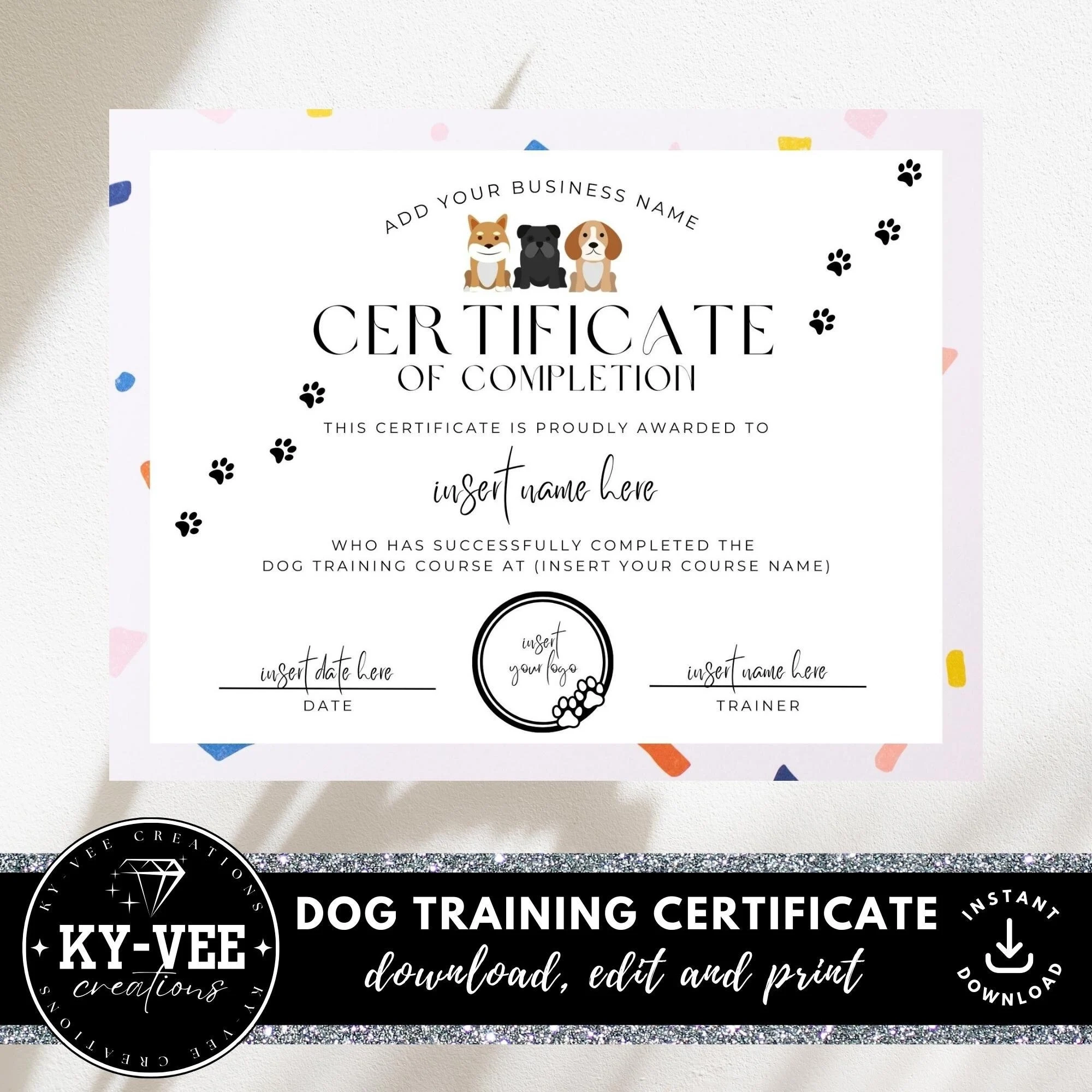 Printable Dog Training Certificate Template INSTANT DOWNLOAD 