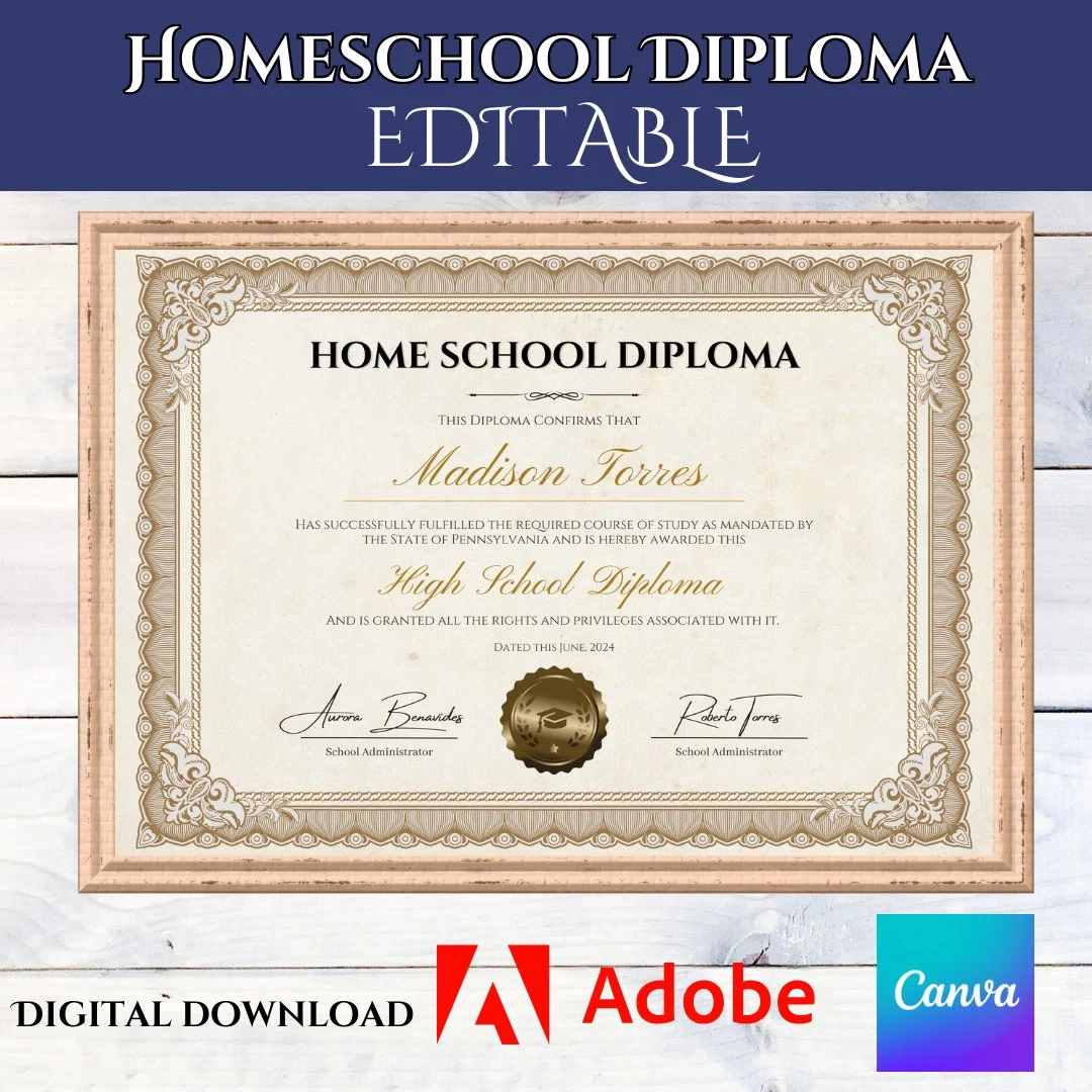 Printable Homeschool Diploma With Gold Seal High School Graduation Certificate Editable Diploma Canva Template PDF Template Graduate