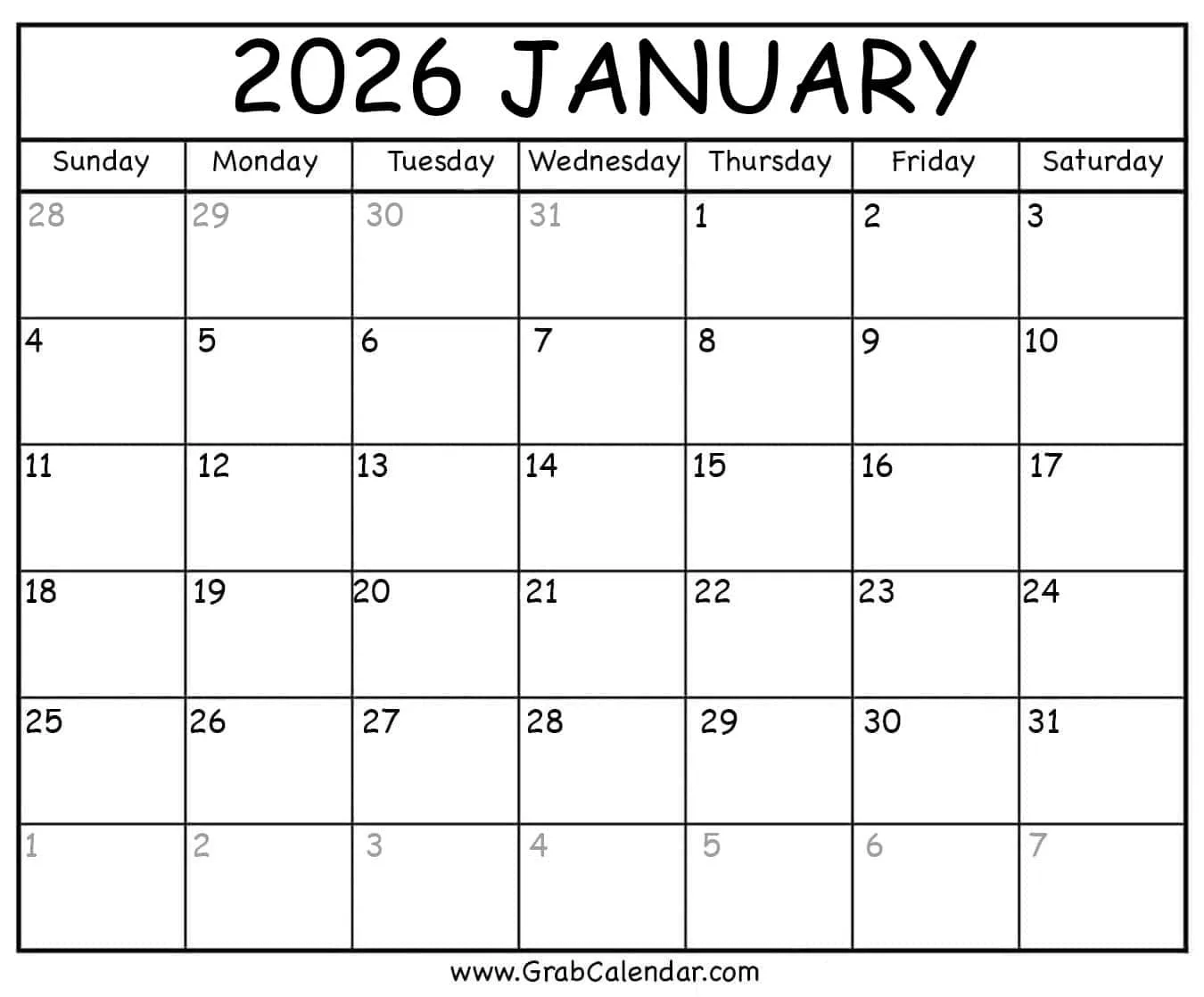 Free Blank Printable Calendar 2026