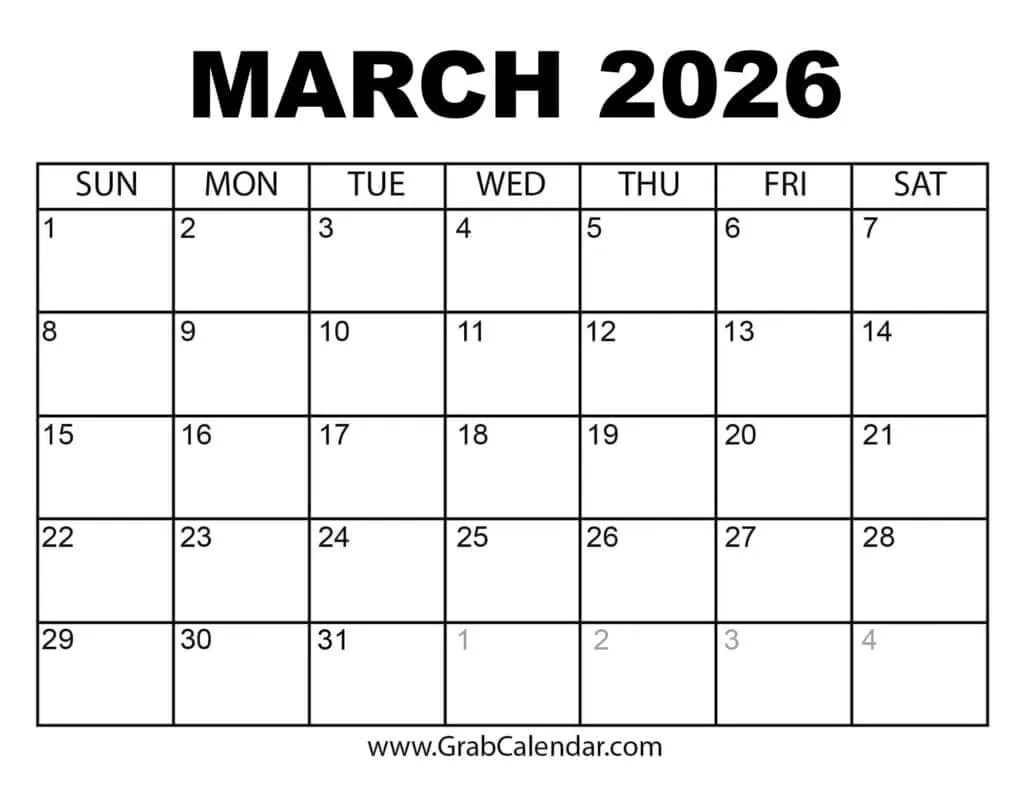 March Calendar December 2026 Calendar Printable