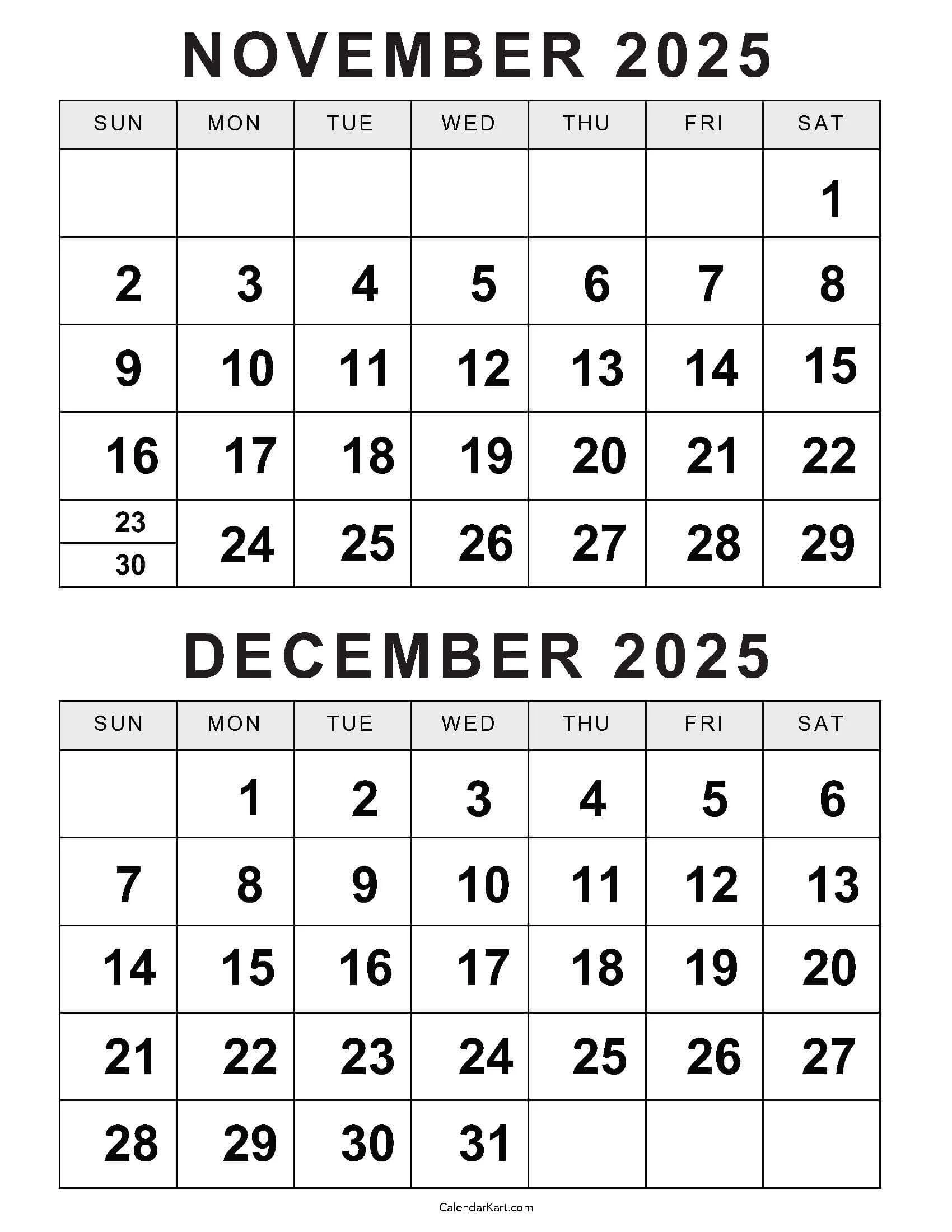 Printable Calendar November December