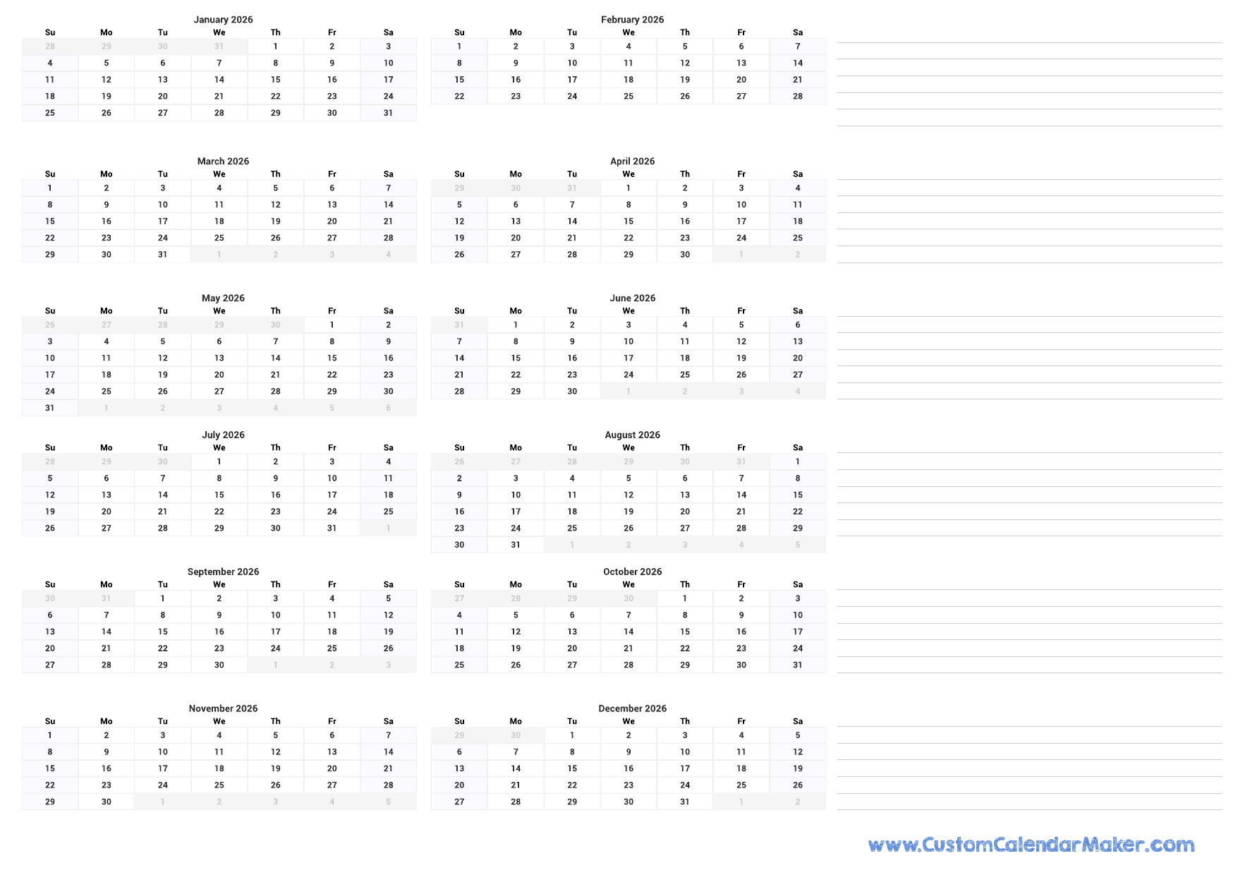 2026 Printable Calendar By Month With Notes