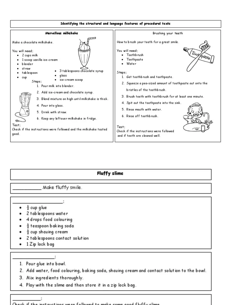 Procedural Text Lesson And Worksheet PDF Toothbrush Milkshake