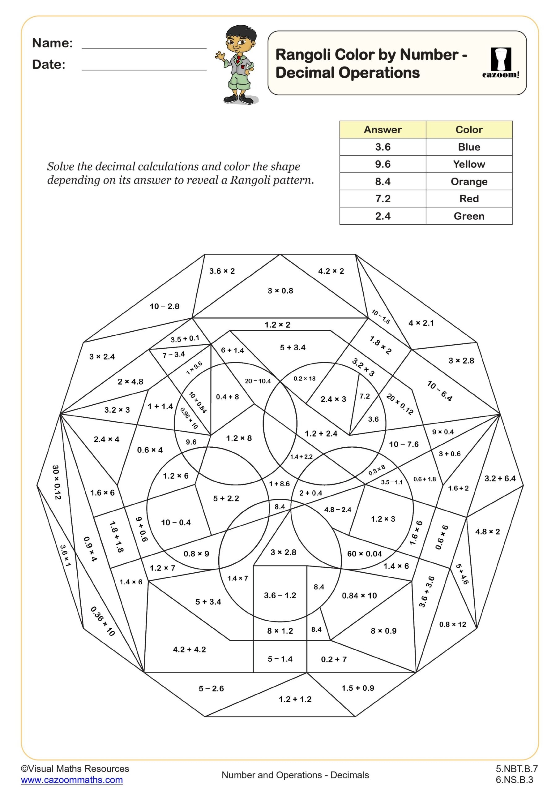 Rangoli Color By Number Decimal Operations Worksheet Printable 