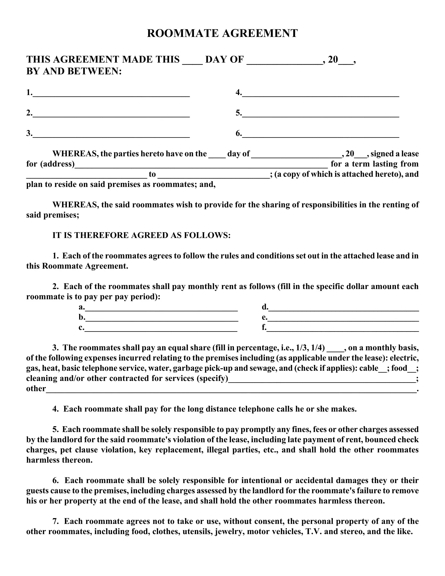 Roommate Agreement Form Fill Out Printable PDF Forms Online