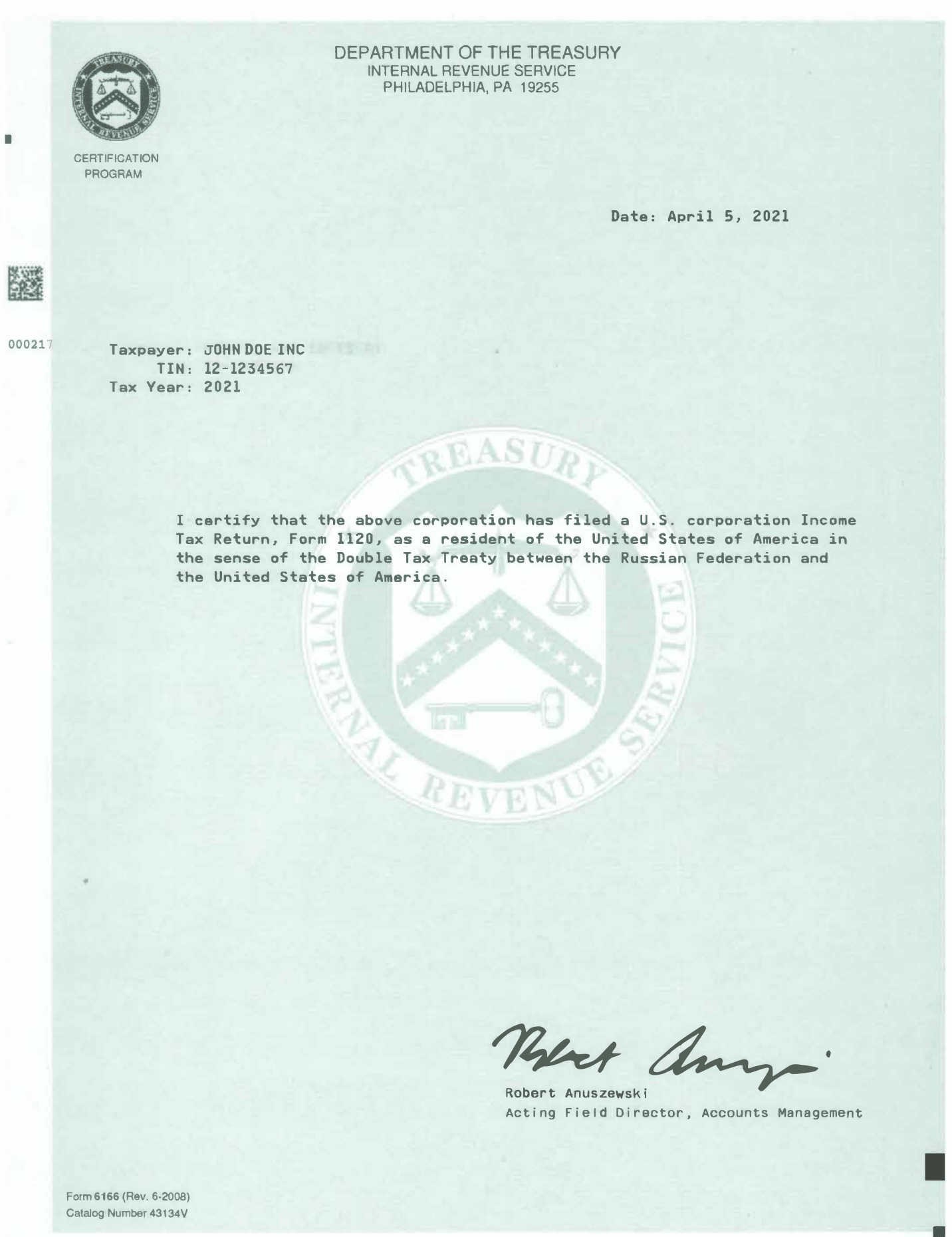 Samples Of U S Residency Certifications Form 6166 O amp G Tax And 