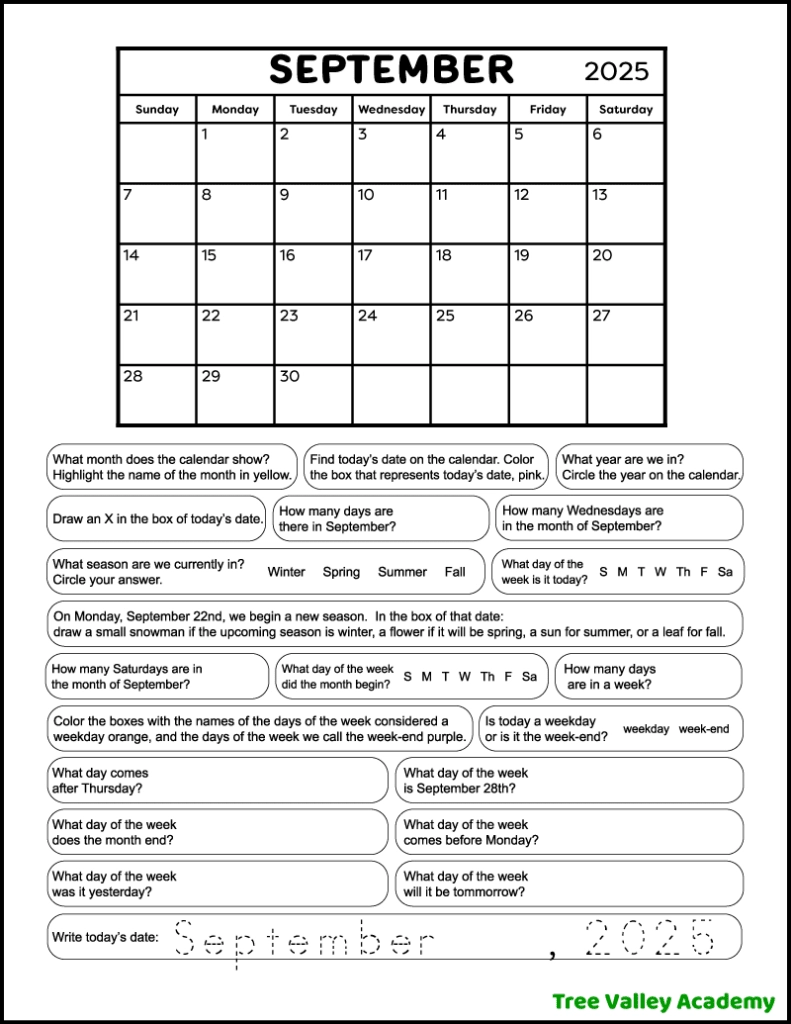 September 2025 Calendar Worksheets Tree Valley Academy