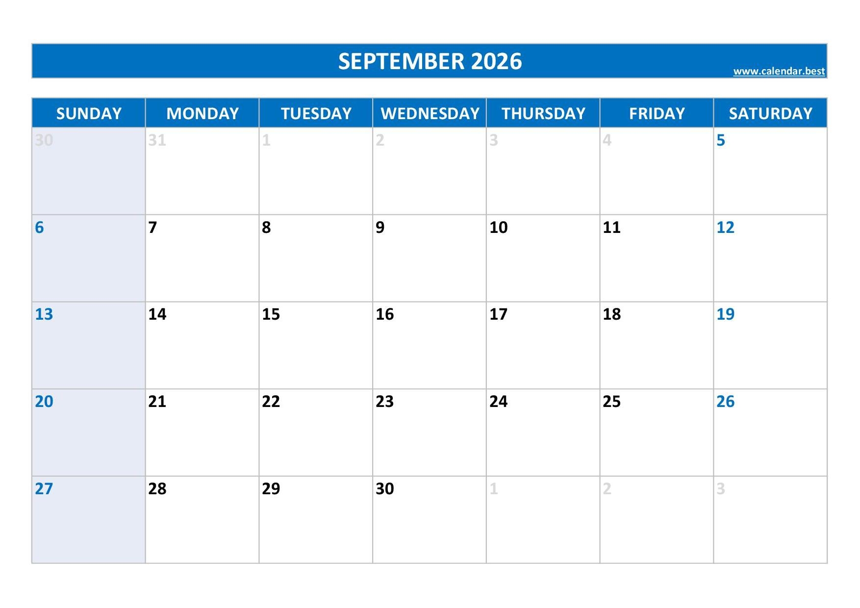 Free Printable September Calendars 2026