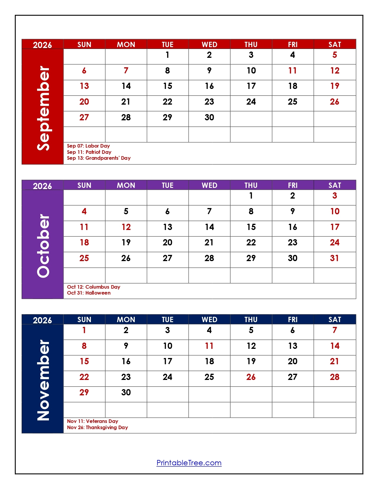 Calendar October November 2026 Printable