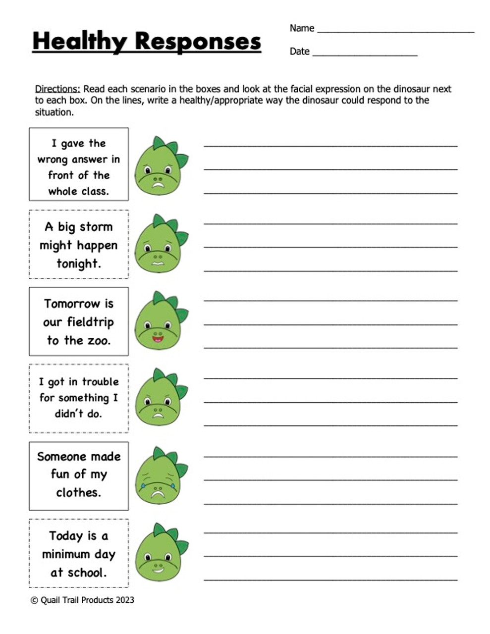 Social Emotional Worksheets And Activities Dinosaur Theme