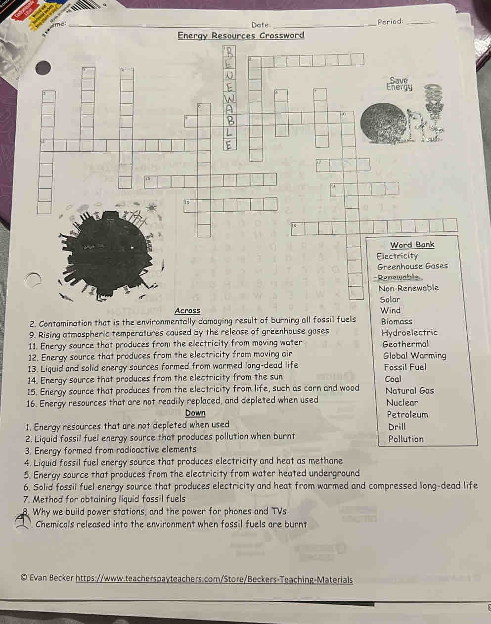 Solved Date Period Energy Resources Crossword Renewable Non 