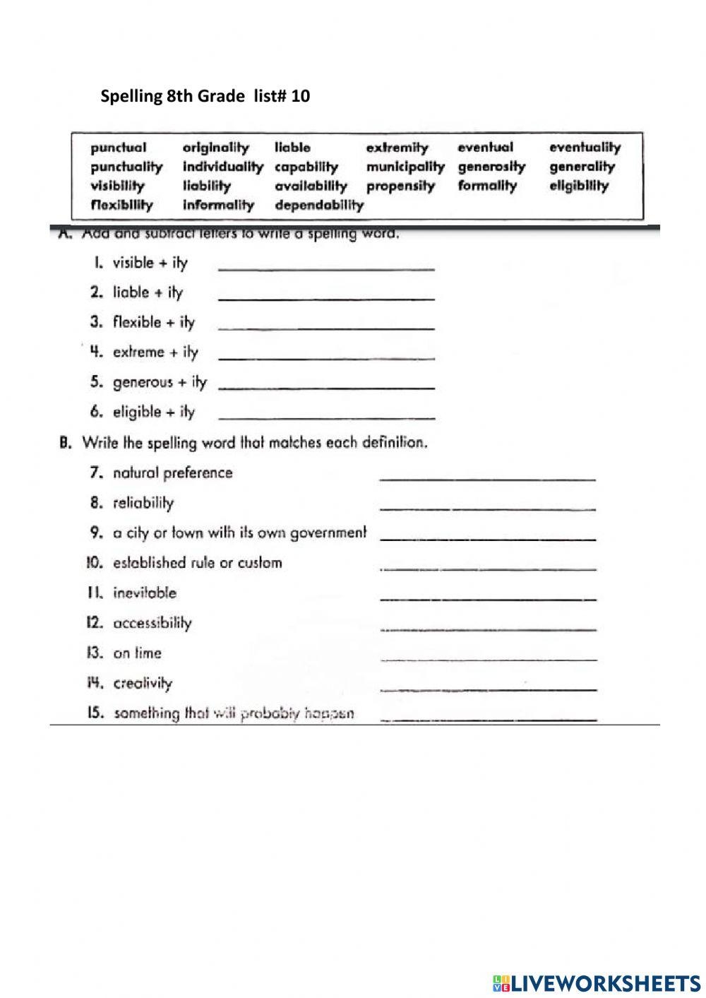Printable Worksheets For 8th Grade Spelling