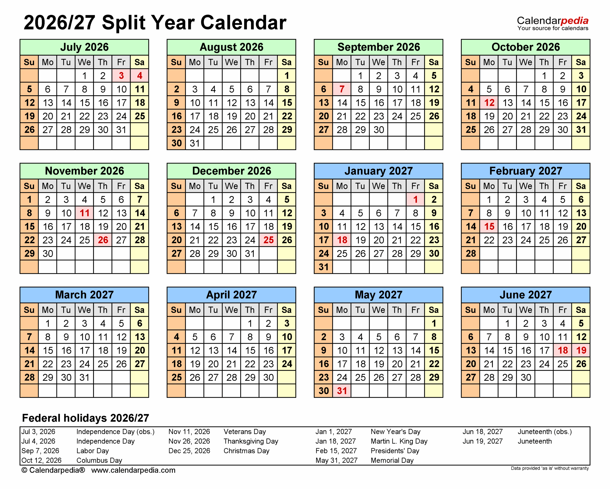 Split Year Calendars 2026 2027 July To June PDF Templates