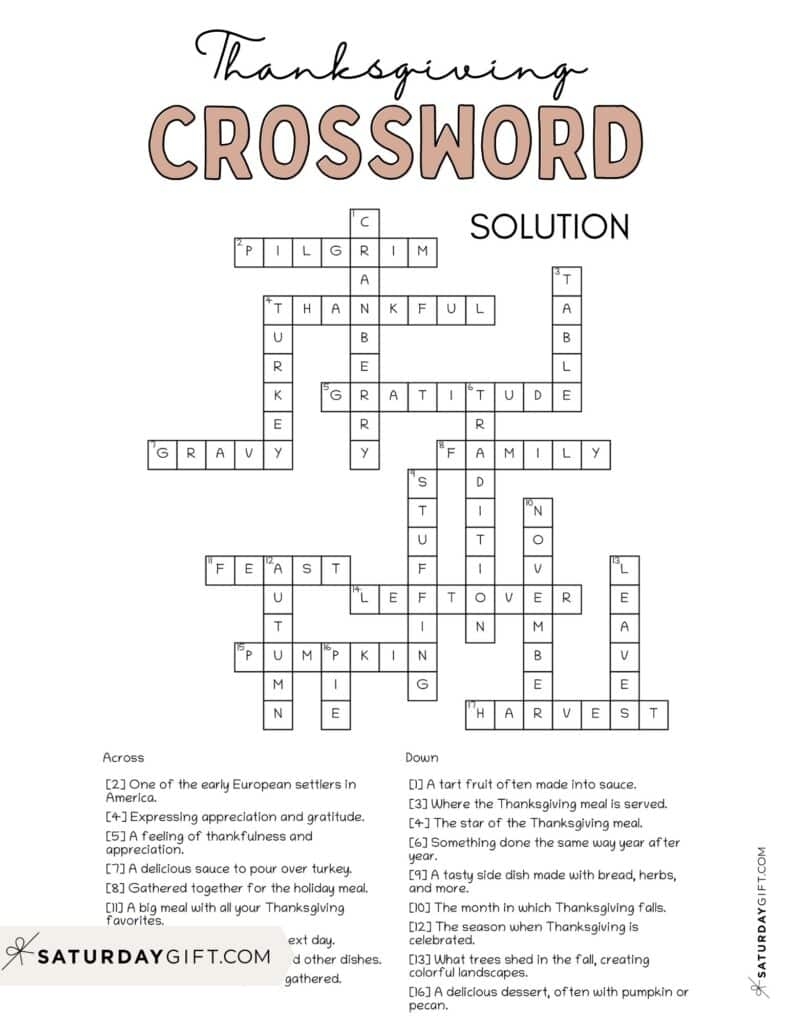 Thanksgiving Crossword Puzzles Printable Free