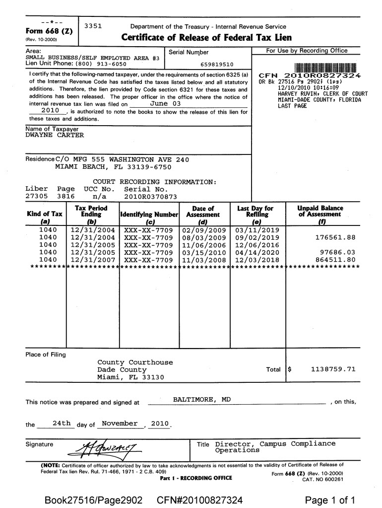 Irs Form 668 Z Release Of Federal Tax Lien