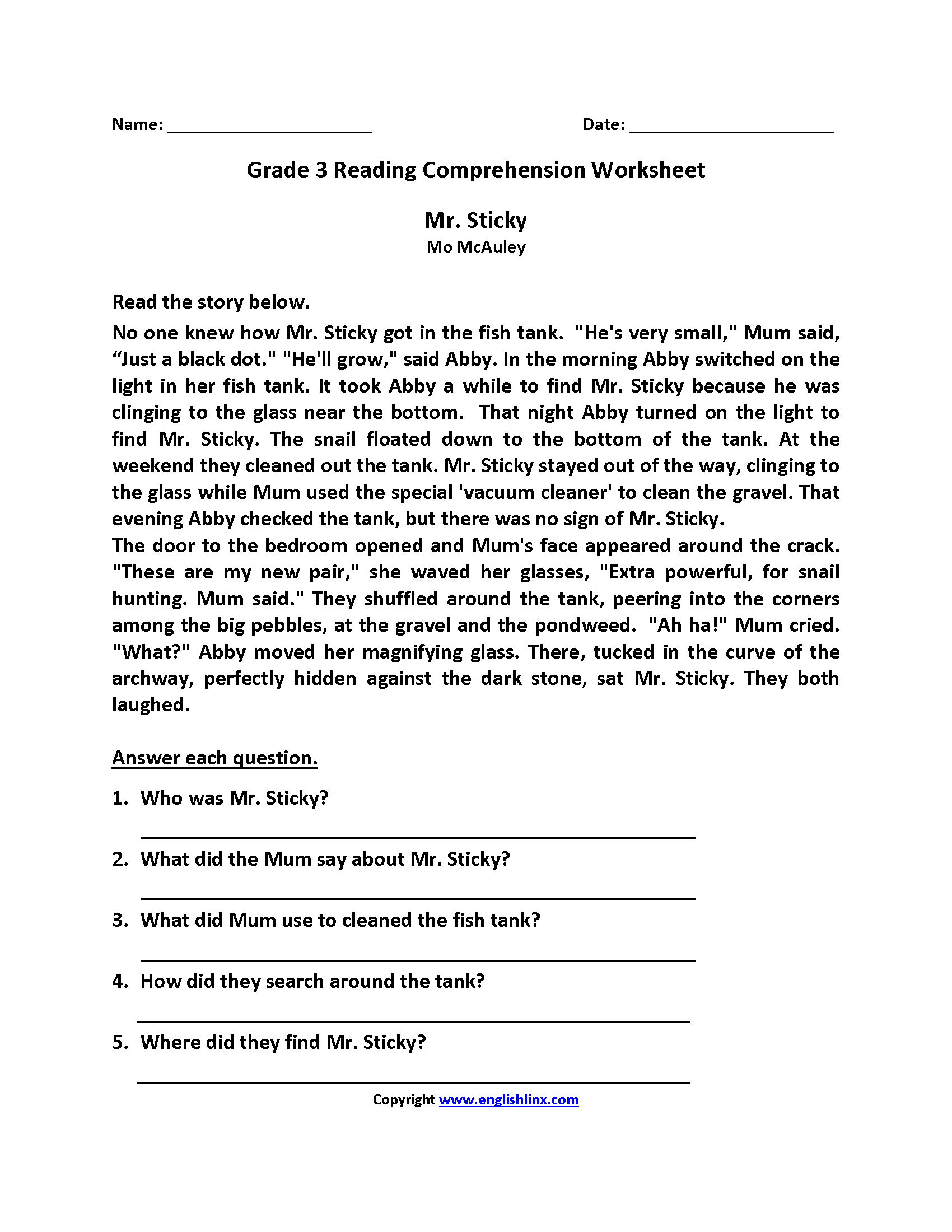 Free Printable Reading Worksheets For 3 Grade