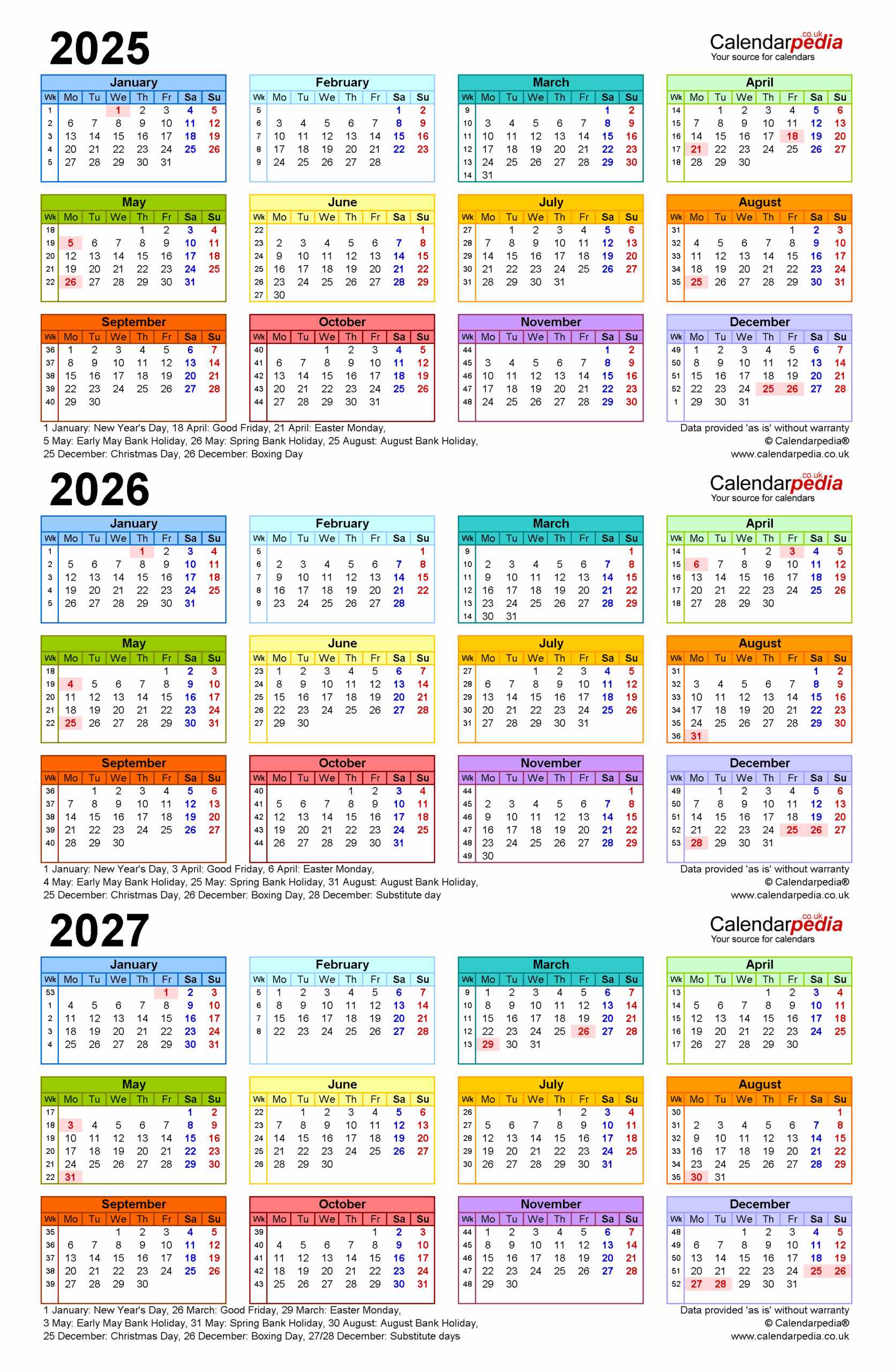 Three Year Calendars For 2025 2026 And 2027 UK For PDF