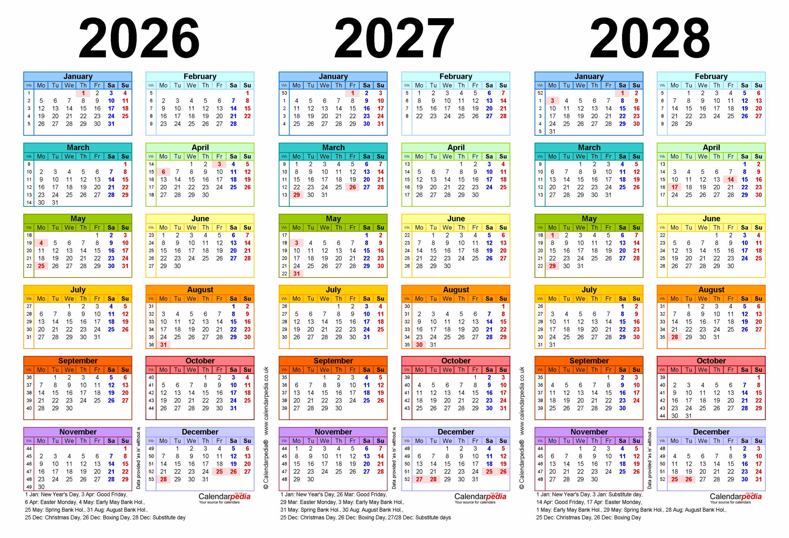 Three Year Calendars For 2026 2027 And 2028 UK For Word