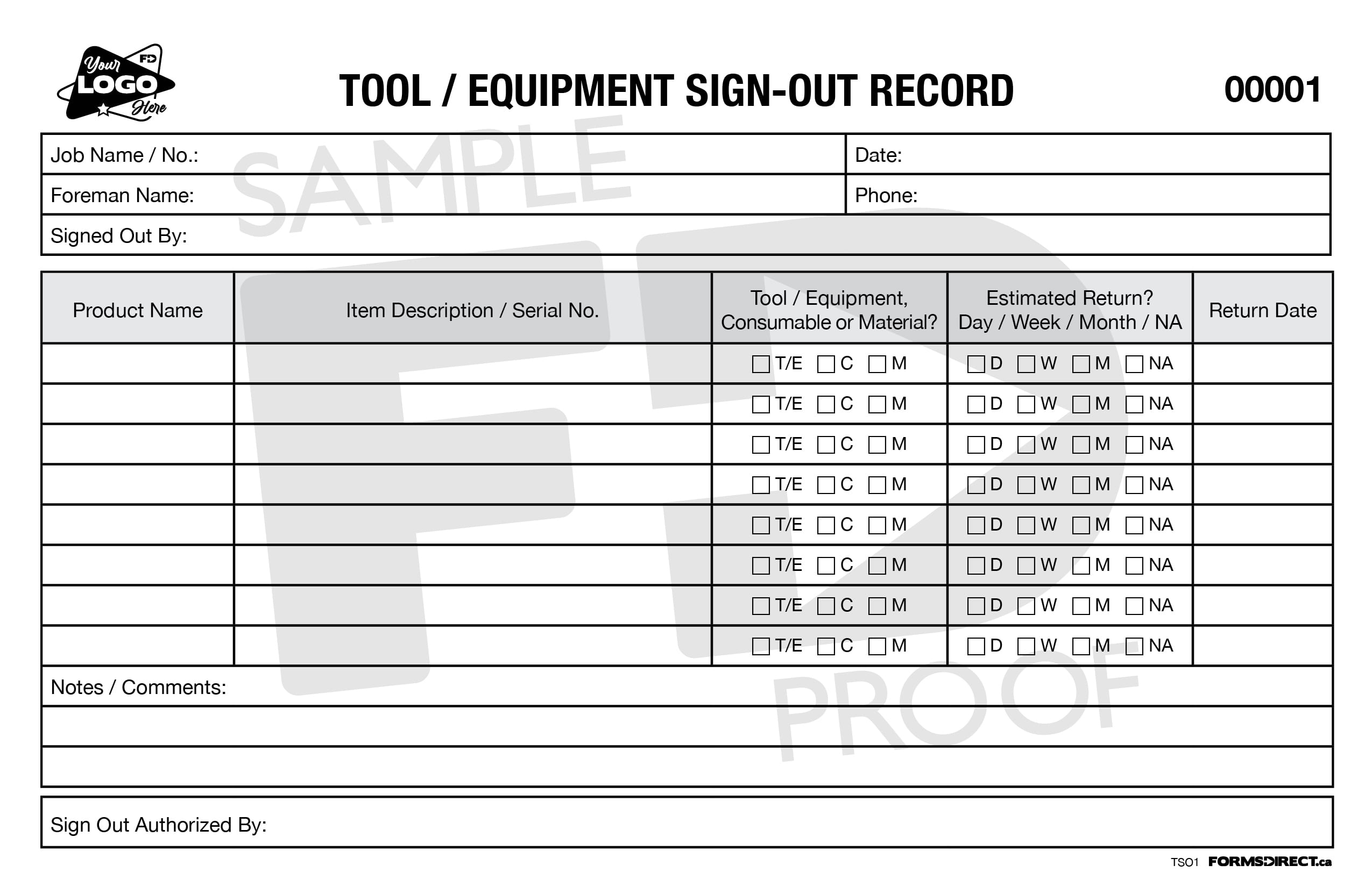 Tool Equipment Sign Out Record TSO1 Forms Direct