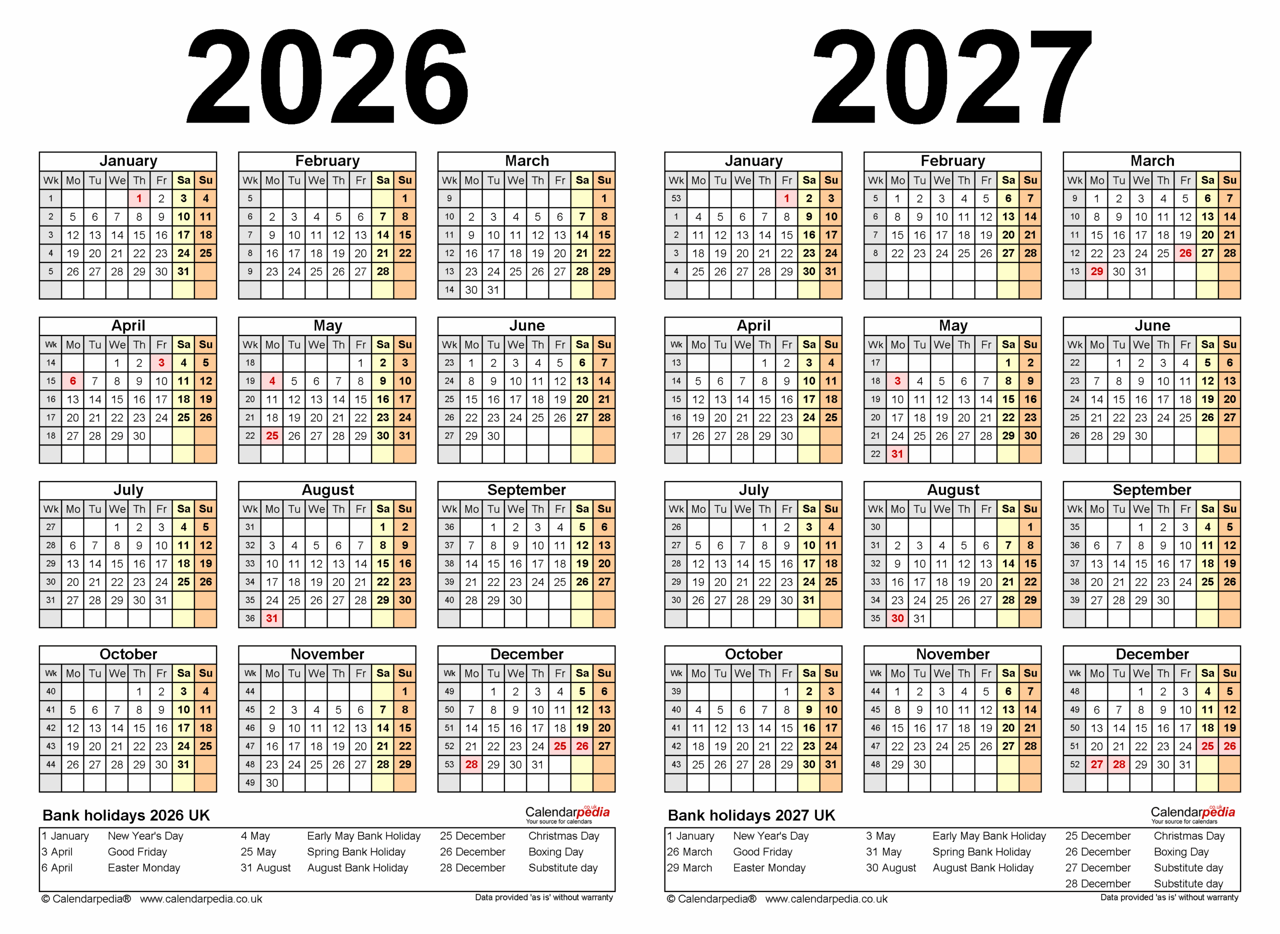 Two Year Calendars For 2026 And 2027 UK For PDF