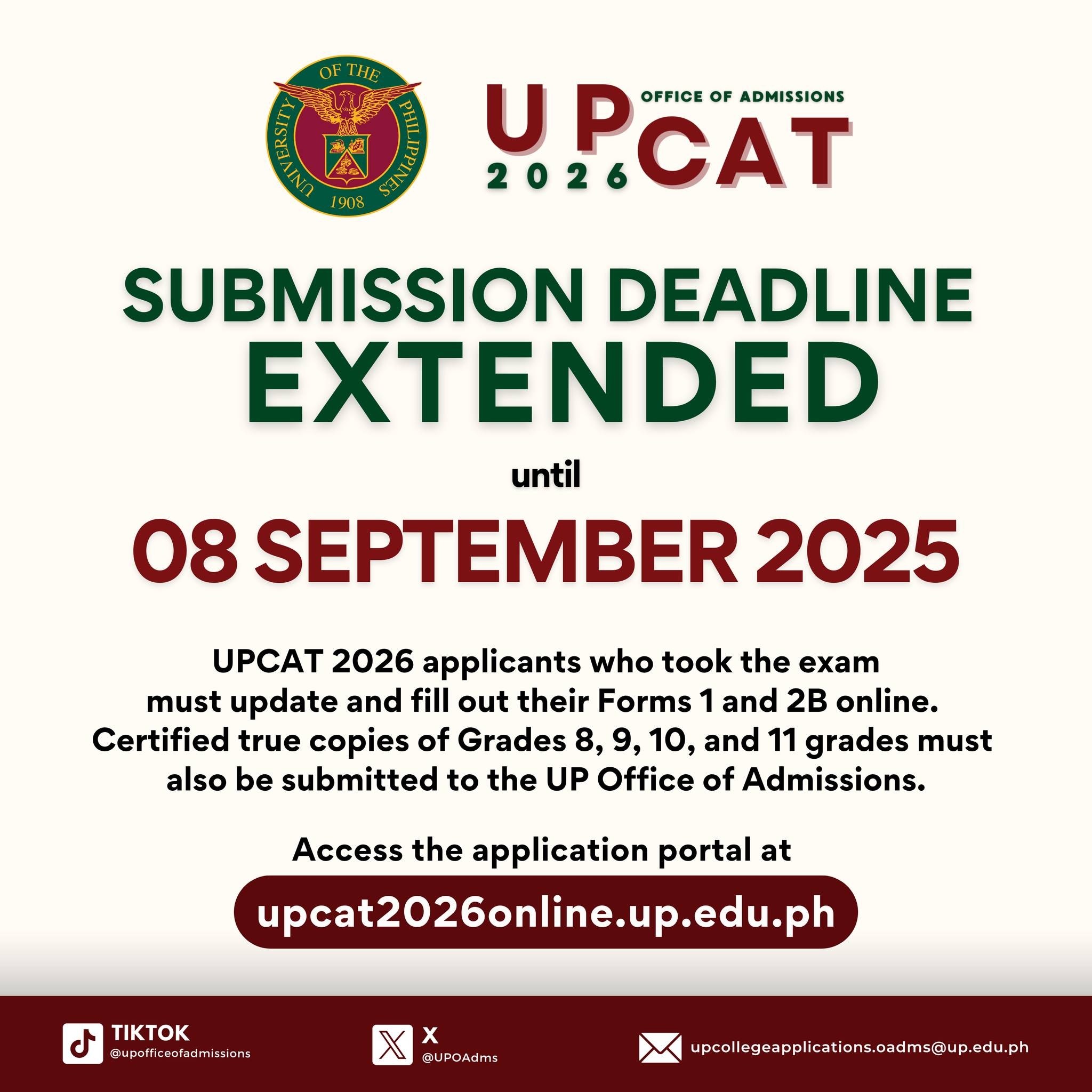 upcat 2026 extended deadline of form 2b form 2a and grades