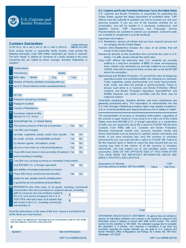 Usa CBP Form 6059b PDF U S Customs And Border Protection 