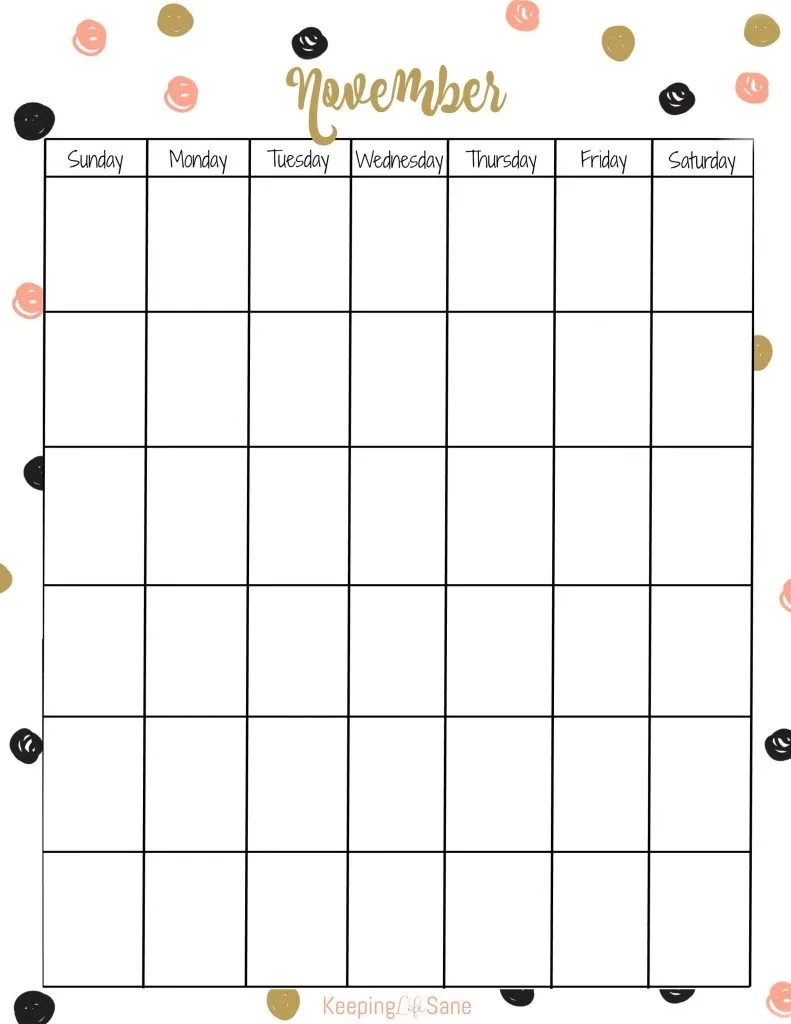 Vertical Printable November Calendar