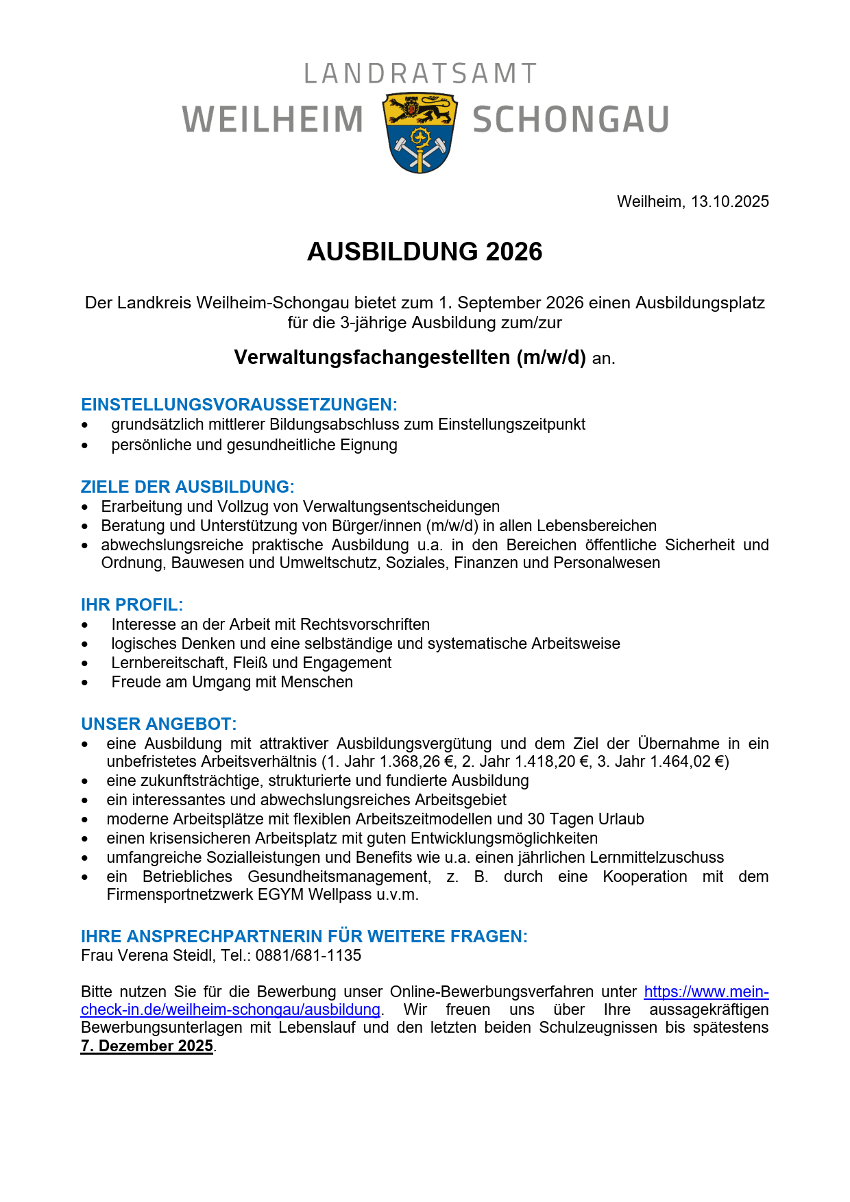 Verwaltungsfachangestelle r m w d 2026 Landratsamt Weilheim 
