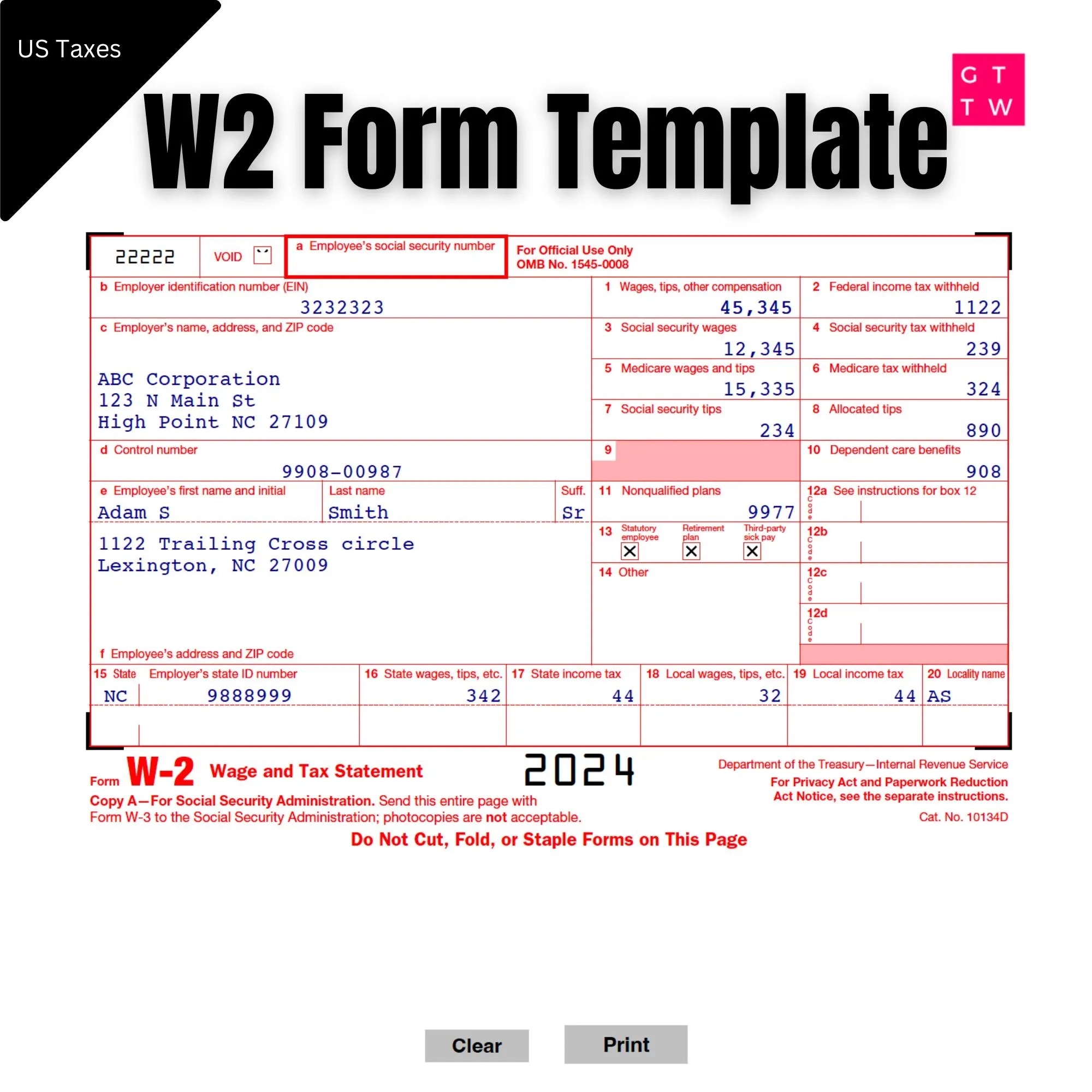 Printable W2 Form 2026