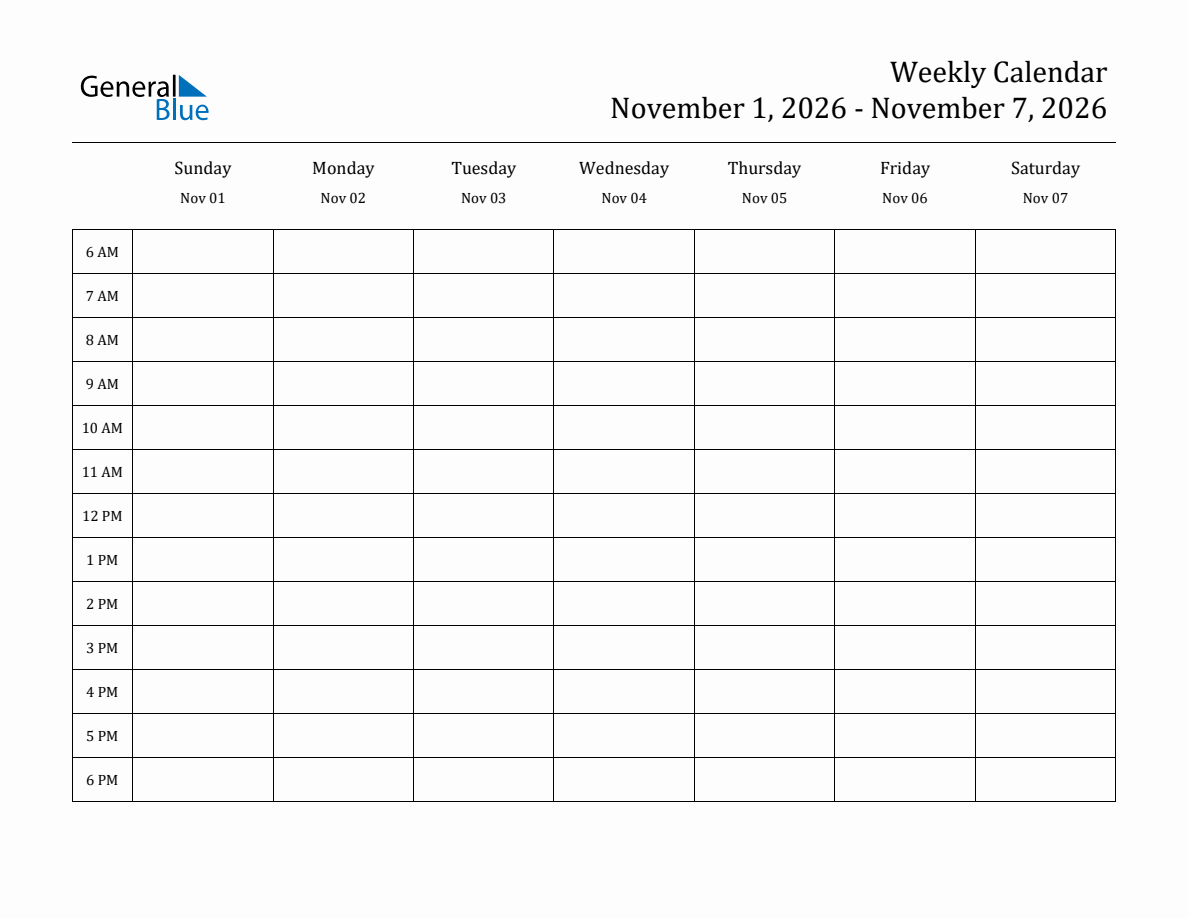 Printable November Weekly Calendar 2026
