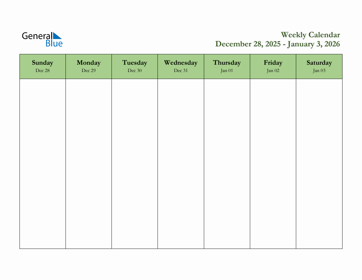 Weekly Calendar 2026 December Printable
