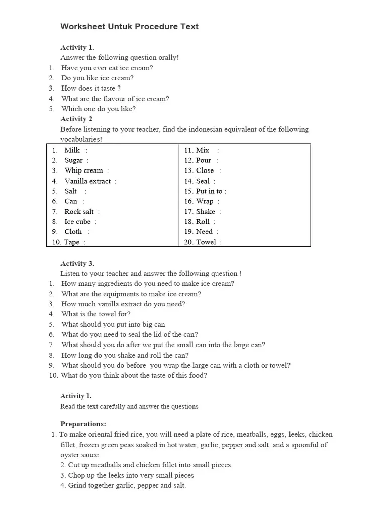 Worksheet Untuk Procedure Text PDF Ice Cream Foods