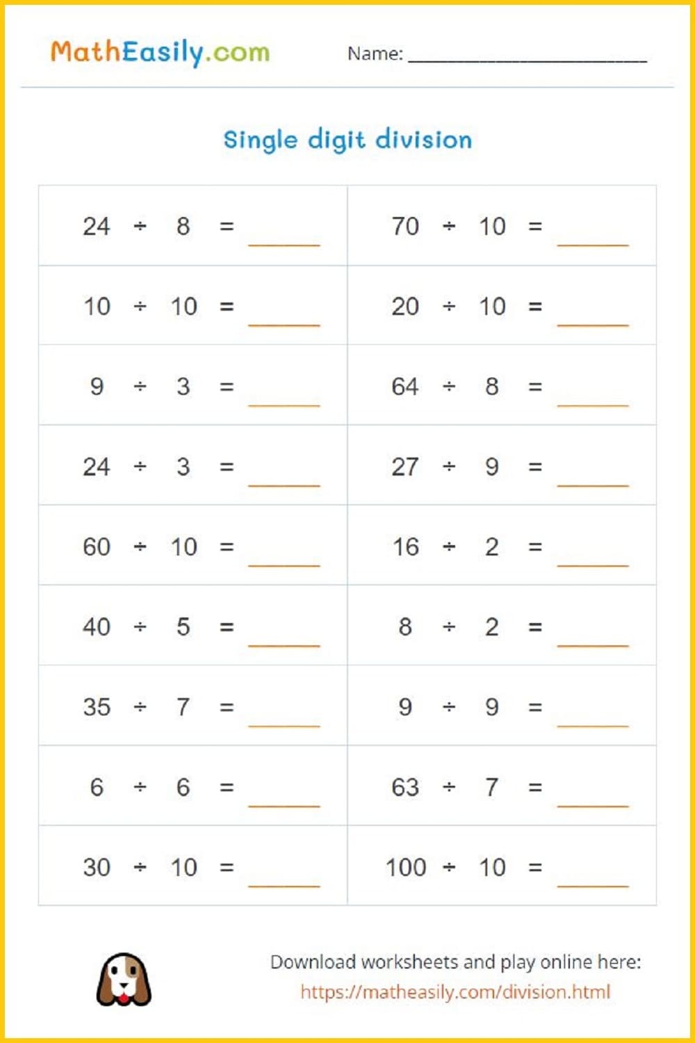 Division Practice With Games Printable
