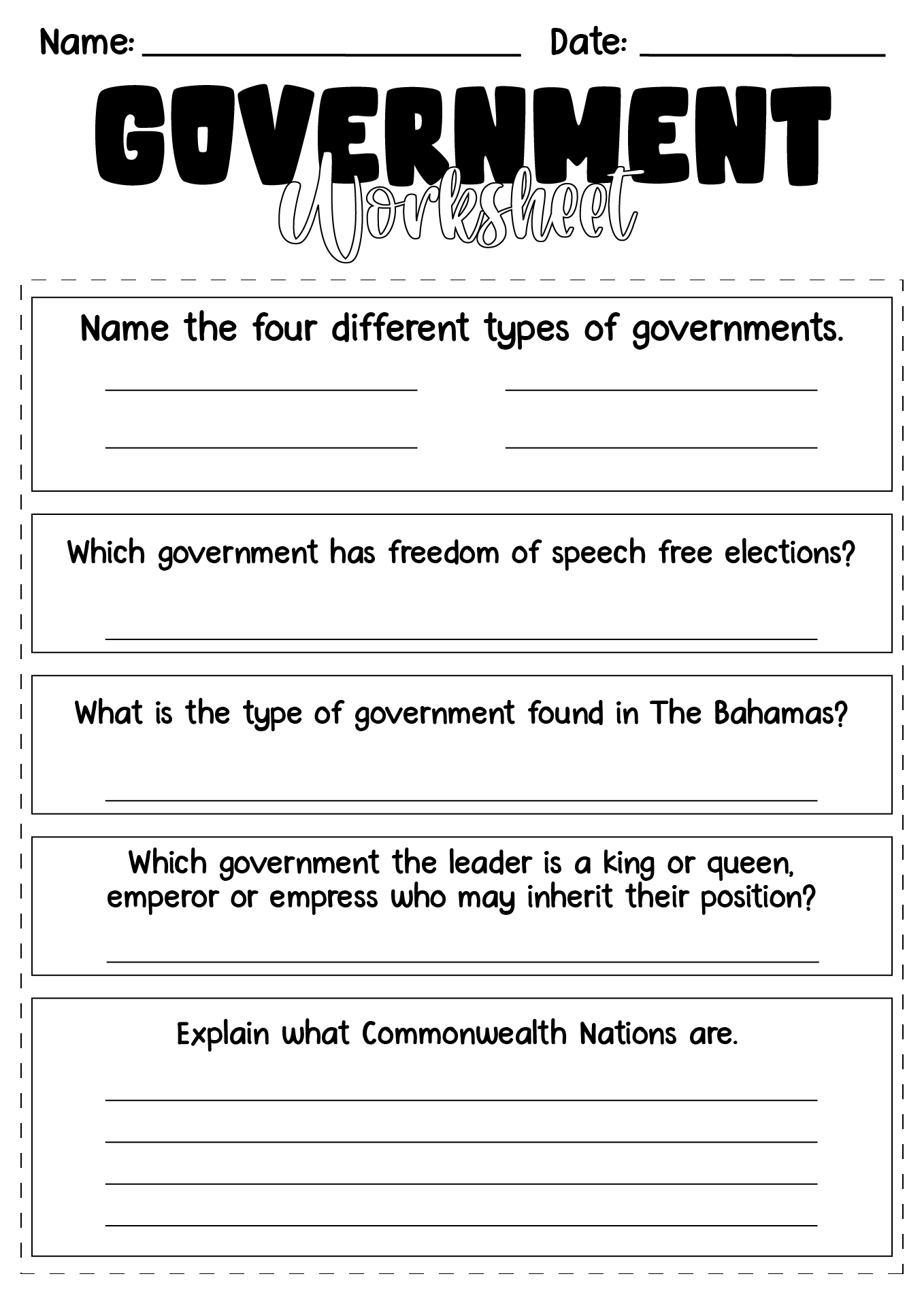 15 Different Types Of Government Worksheet Free PDF At 