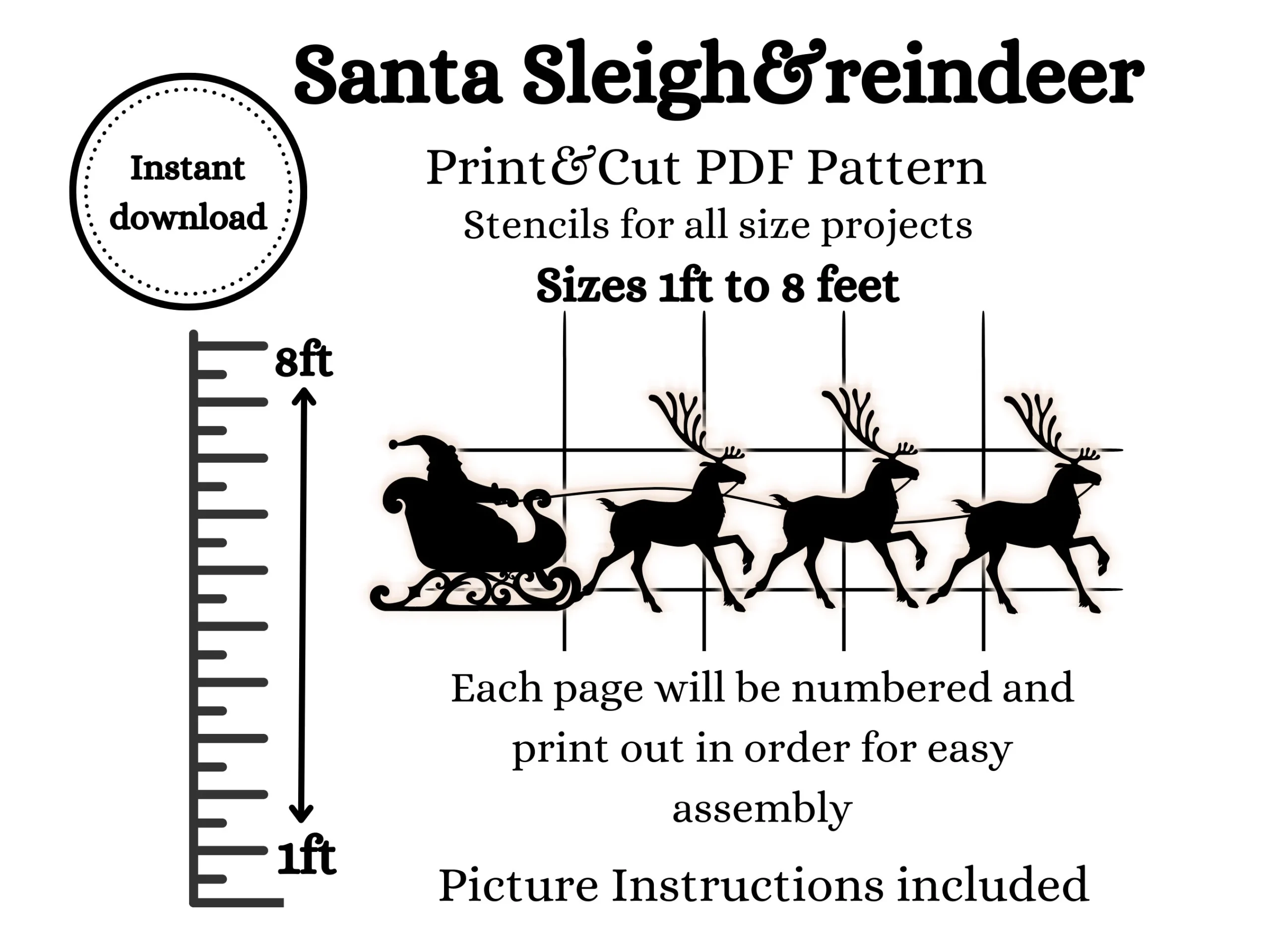1ft To 8ft Santa Sleigh And Reindeer Silhouette Template PDF 